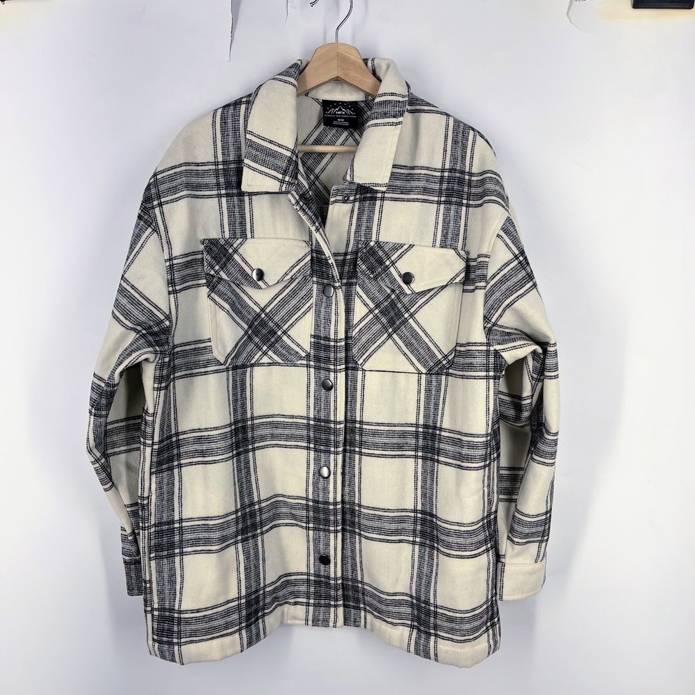 HFX Black White Plaid Snap Front Wool Blend Shacket Shirt Jacket Mens Medium